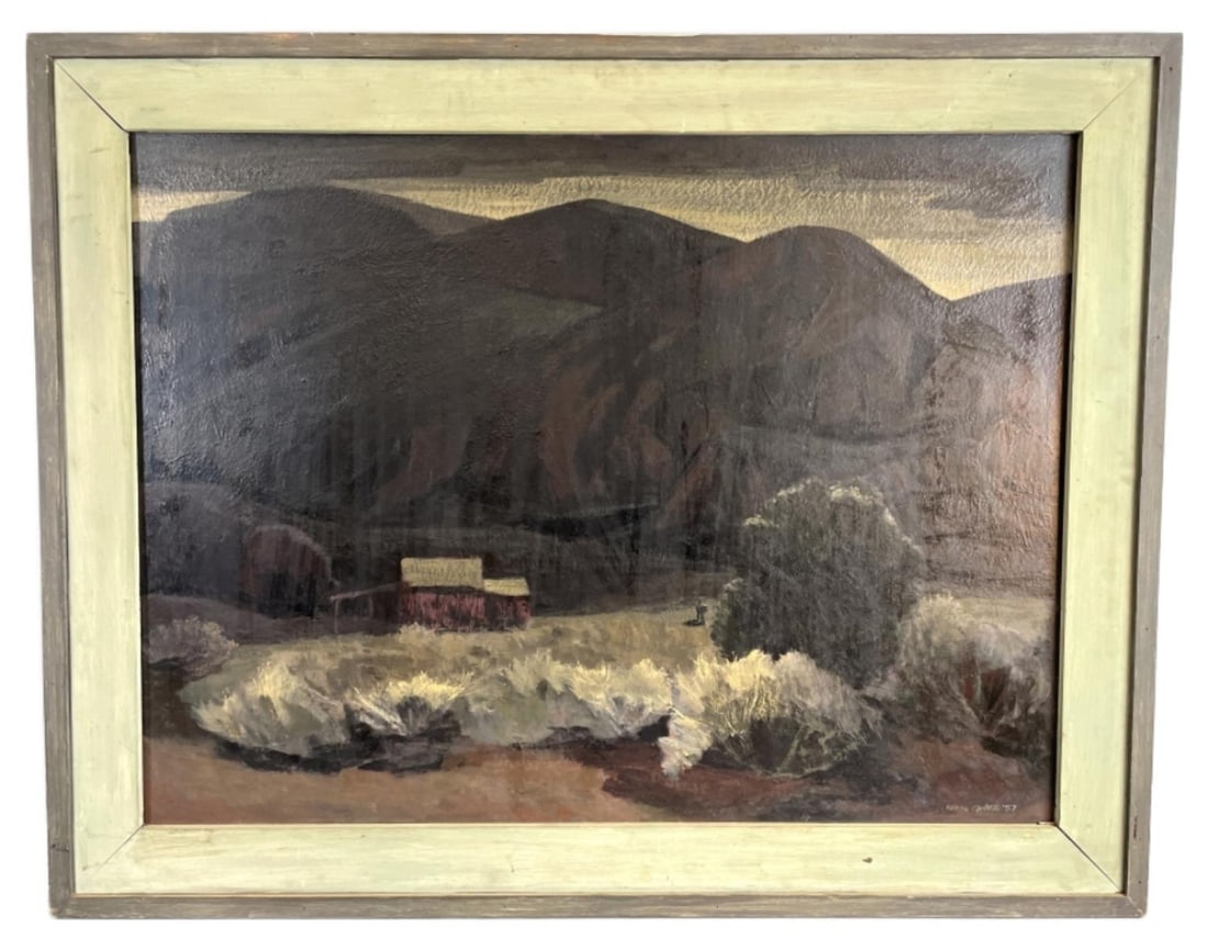 Martin Gambee "Dark Mountain": Martin Gambee "Dark Mountain". Oil on masonite, signed (lr). Sight: 29 1/2"h x 39 1/4"w Condition: Scratches, scuffs, cracked wood, paint residue to frame.