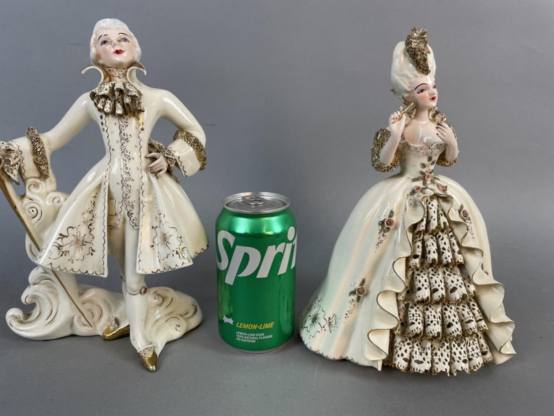 King Louis XVI & Marie Antoinette Figures: King Louis XVI & Marie Antoinette Figures. By Florence Ceramics, Pasadena, CA. King: 10"h x 7"w x 5"d Condition: Minor chips, small hairline.