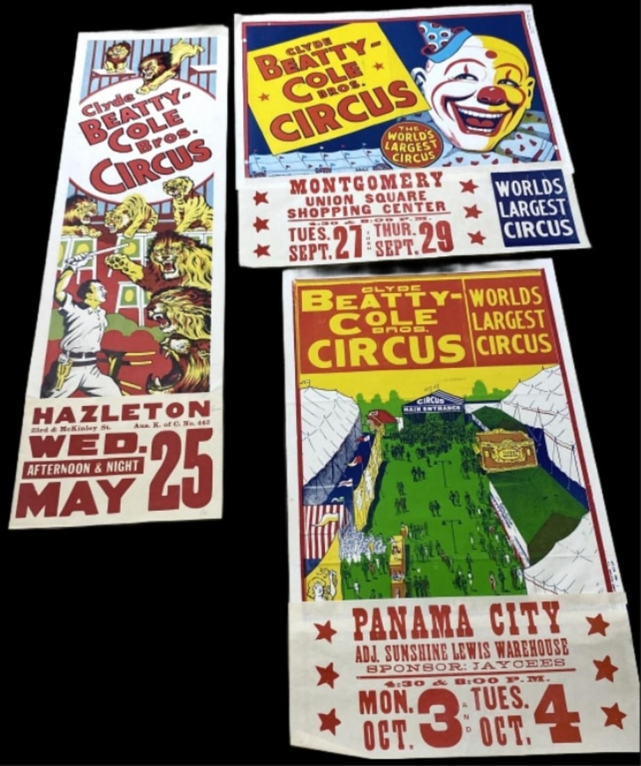 3 Clyde Beatty-Cole Bros. Circus Posters: 3 Clyde Beatty-Cole Bros. Circus Posters Tallest: 49"h x 14"w Condition: Some folded corners, creases.