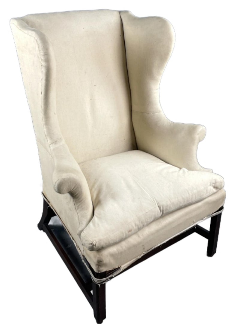 18th C Mahogany Upholstered Wingback Chair: 18th C Mahogany Upholstered Wingback Chair. 46"h x 34"w x 31"d Condition: Arms need tightening, missing casters from feet.