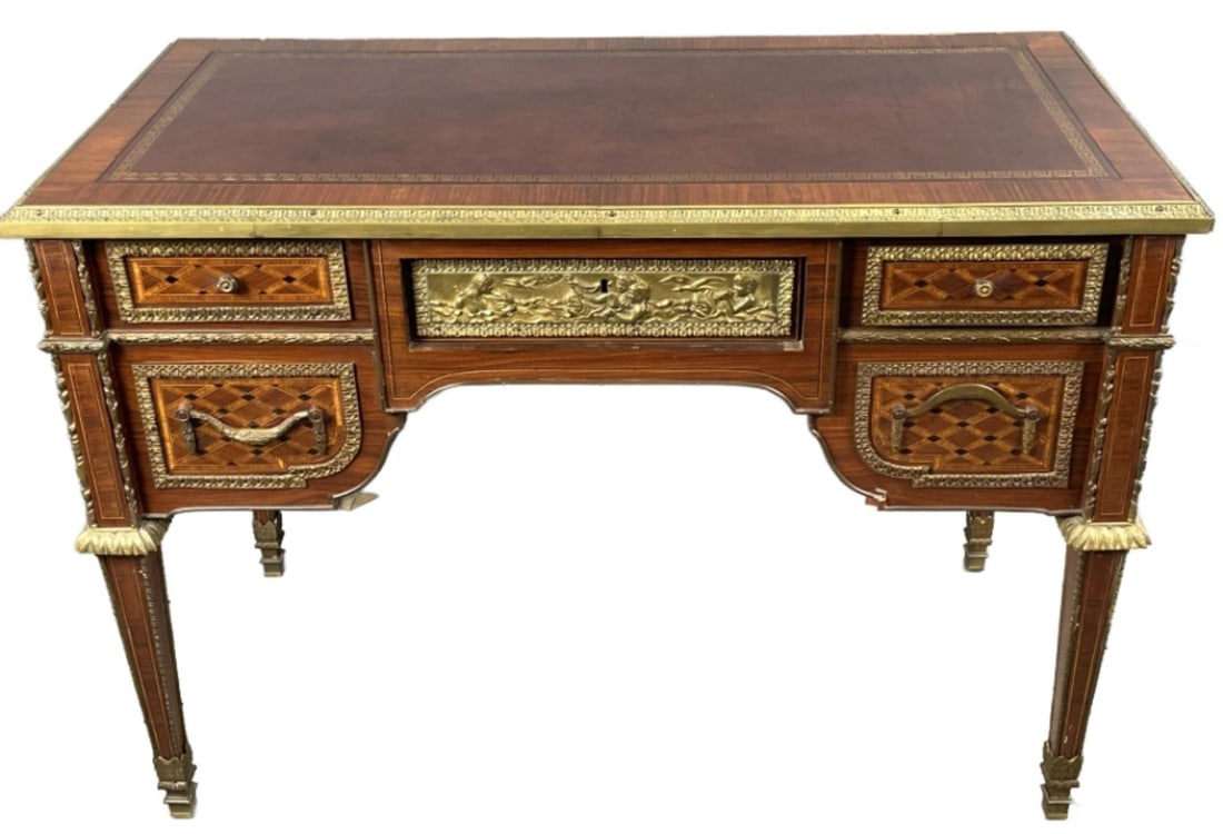Louis XVI Style Bronze Mounted & Marquetry Desk (1 of 9)