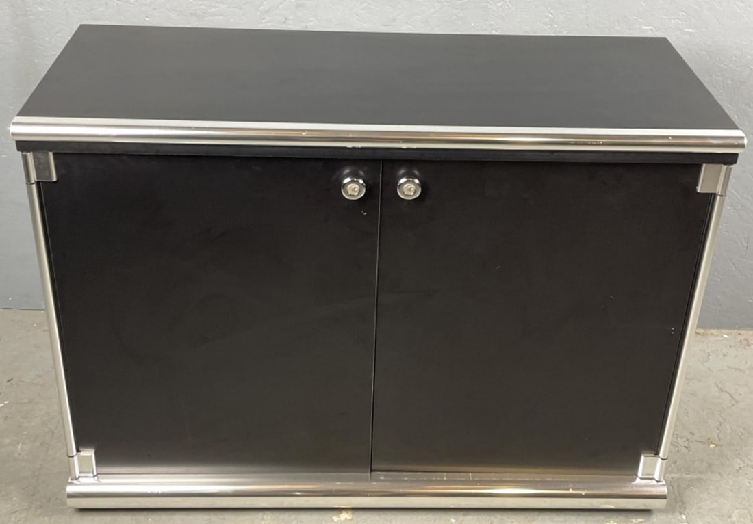 Pace Style Black and Chrome Cabinet: Pace Style Black and Chrome Cabinet. 30 3/4"h x 42 1/2"w x 18"d Condition: Some scratches and scuffs.