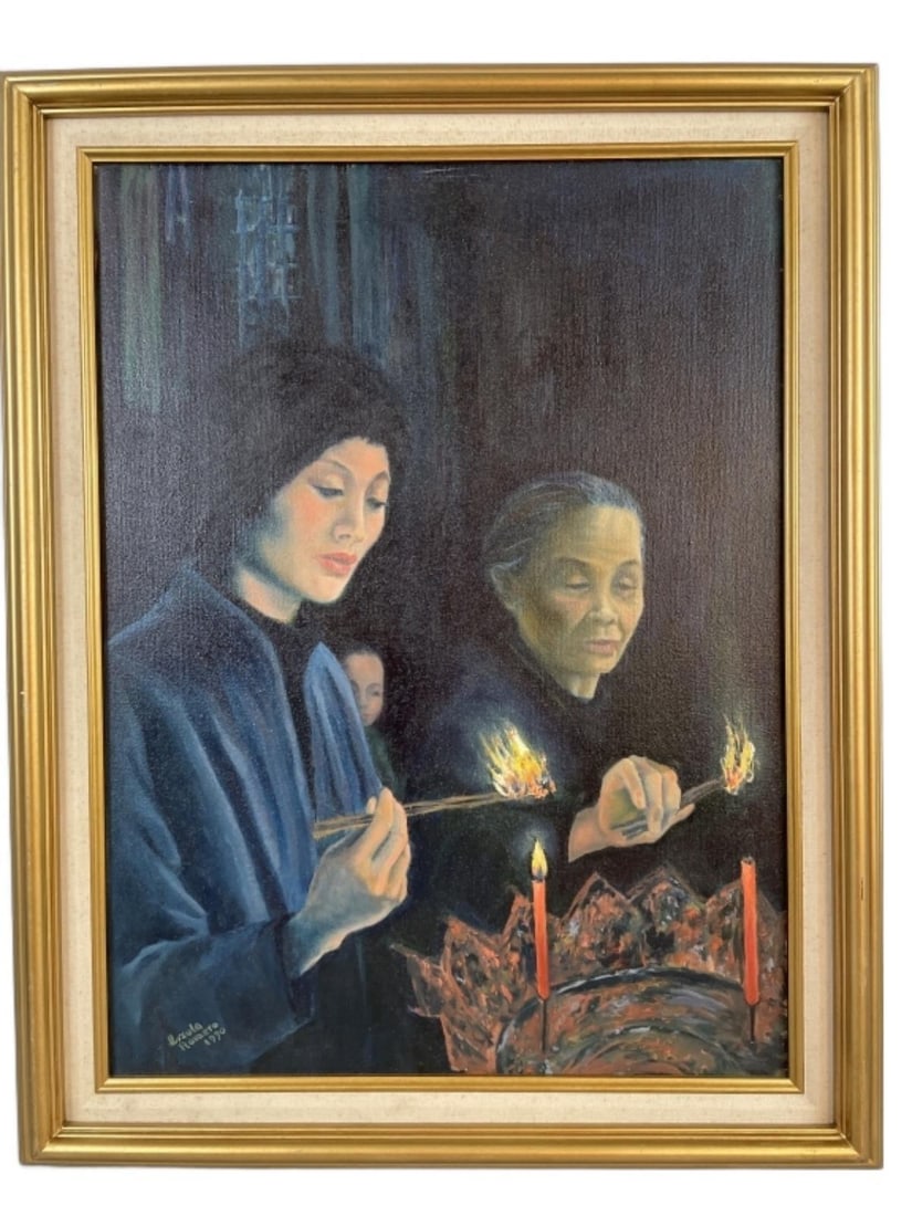 Ursula Romero Women Lighting Candles: Ursula Romero Women Lighting Candles. Oil on canvas, signed (ll). Sight: 23 1/2"h x 17 1/2"w Condition: Minor scratches, scuffs, chips to frame.