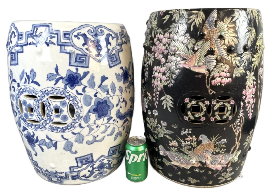 2 Asian Style Porcelain Garden Seats: 2 Asian Style Porcelain Garden Seats. Tallest: 19"h Condition: Some scratches.