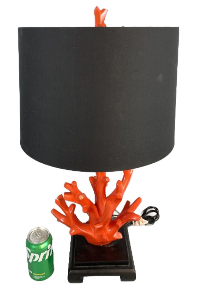 MCM Faux Red Coral Lamp: MCM Faux Red Coral Lamp. Top of finial: 26"h Condition: Untested, loose shade mount.