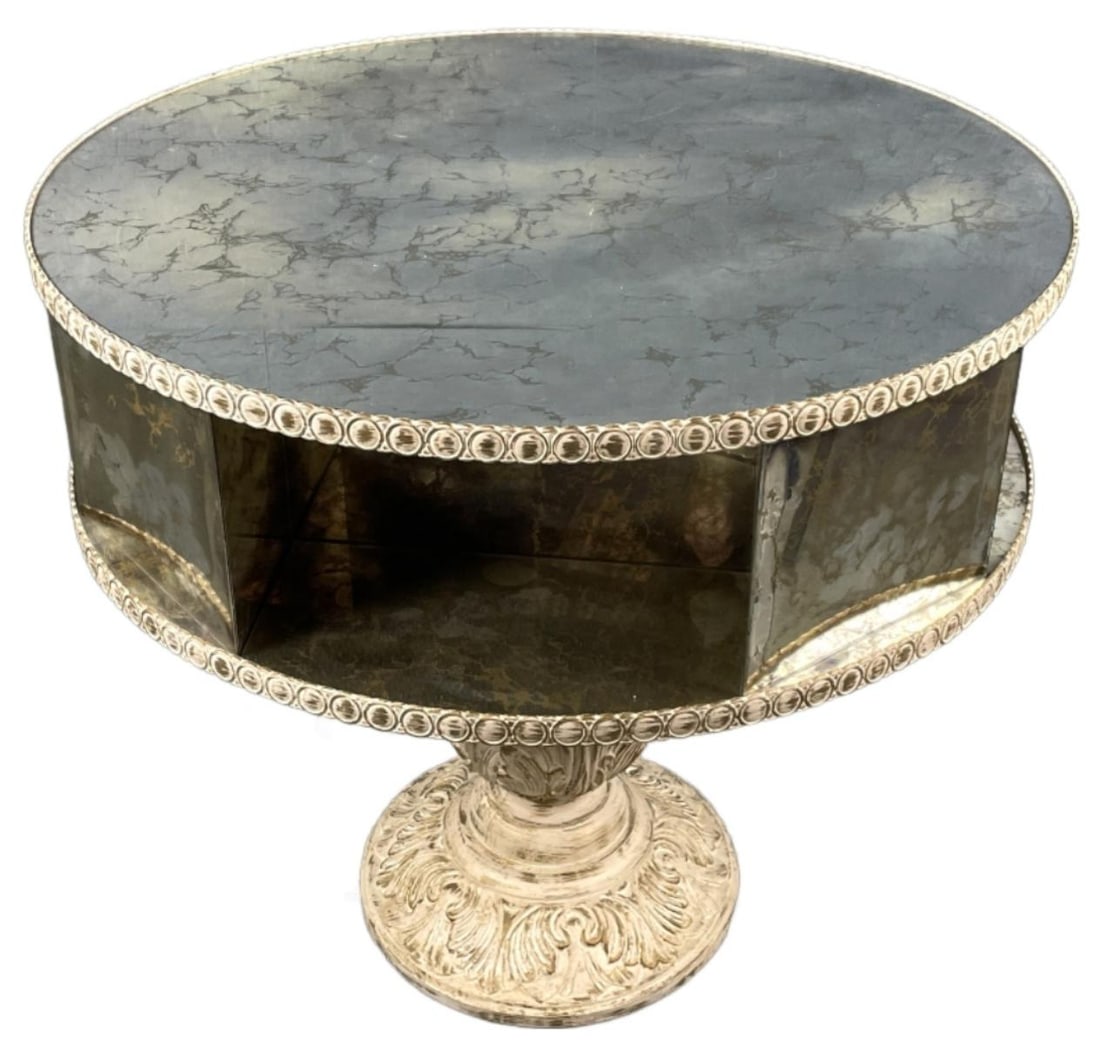 Florentine Style Mirrored Revolving Drum Table: Florentine Style Mirrored Revolving Drum Table. 30 3/4"h x 33 1/4"diam. Condition: Some loss of silvering to mirror.