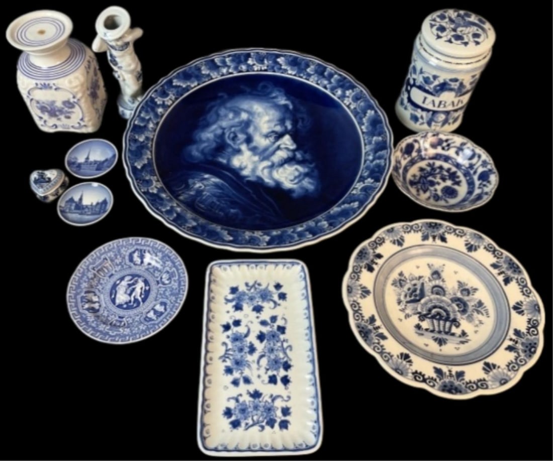 Royal Delft Charger "Old Man" w/ Others: Royal Delft Charger "Old Man" w/ Other Blue & White Porcelain. Portrait based on a painting by Sir Peter Paul Rubens. Along with: Delft tobacco jar Liner Delft heart trinket box Delft pyramid plate De