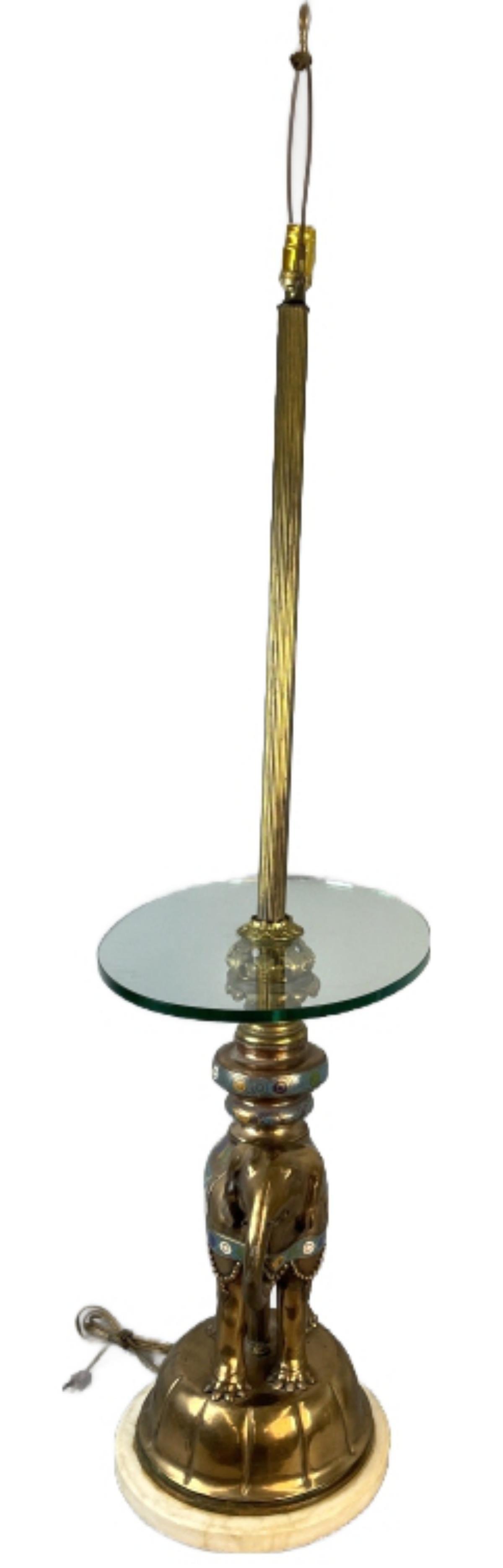 Elephant Form Brass & Enameled Table Lamp: Elephant Form Brass & Enameled Table Lamp. Marble base. Top of finial: 63"h x 14"w x 20"d Condition: Untested.