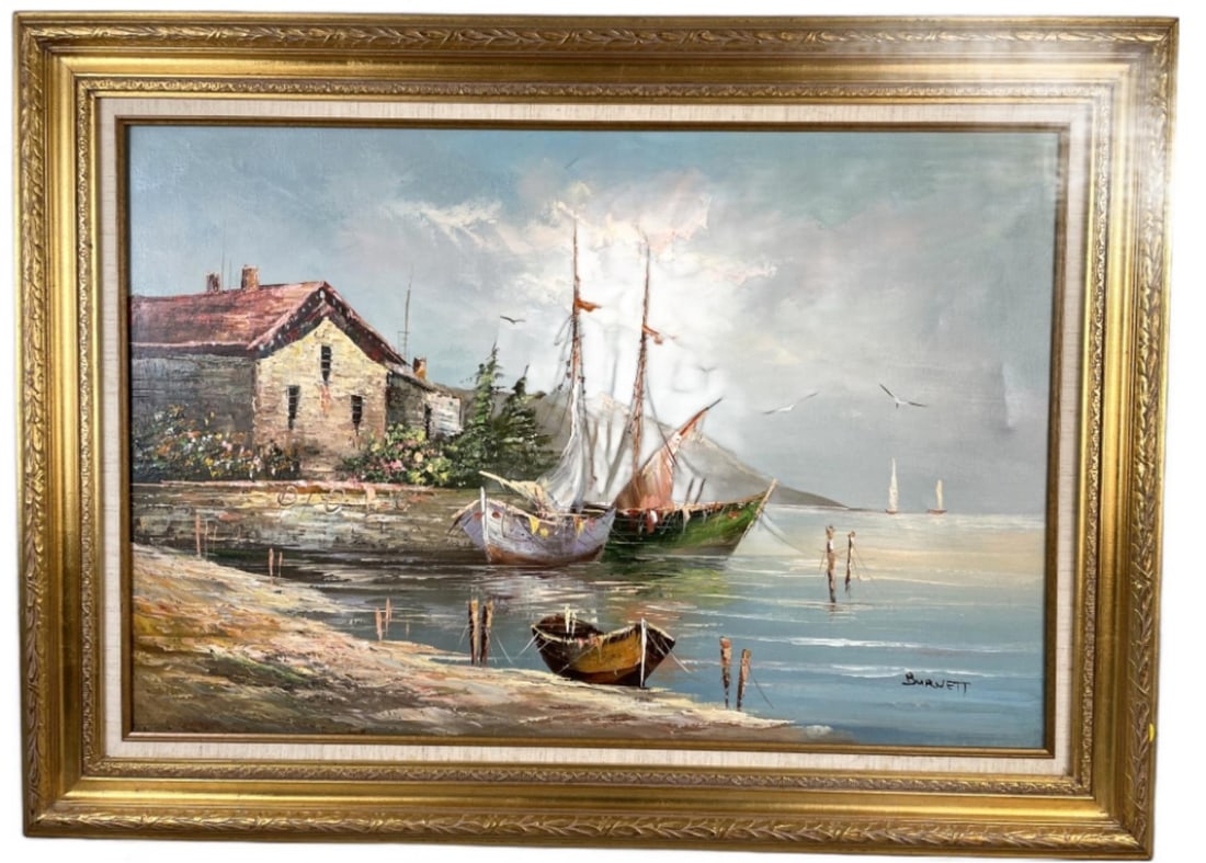 Caroline Burnett Venice Canal Scene: Caroline Burnett Venice Canal Scene. Oil on canvas, signed (ll). Sight: 23 12"h x 35 1/4"w Condition: Good.