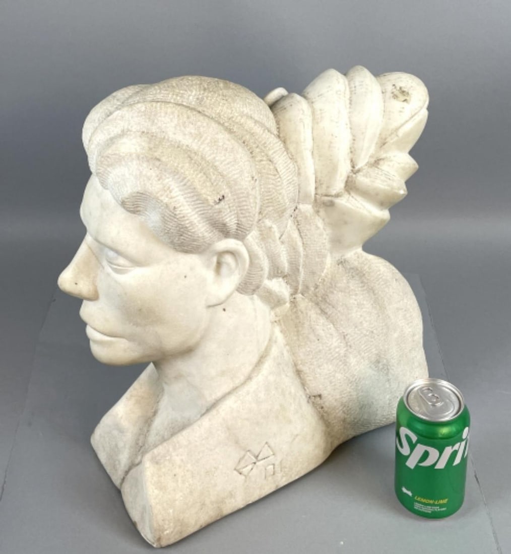 Carved Marble Bust of Lady Signed DI: Carved Marble Bust of Lady Signed DI. 16 1/2"h x 14"w x 8"d Condition: Needs cleaning, some minor chips.