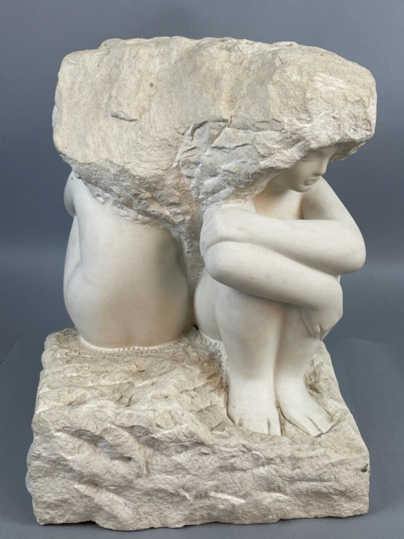 Marble Sculpture of 2 Children Under Rock: Marble Sculpture of 2 Children Under Rock. Signed Manyar. 14 1/2"h x 11 1/2"w x 11"d Condition: Needs cleaning, some minor chips.