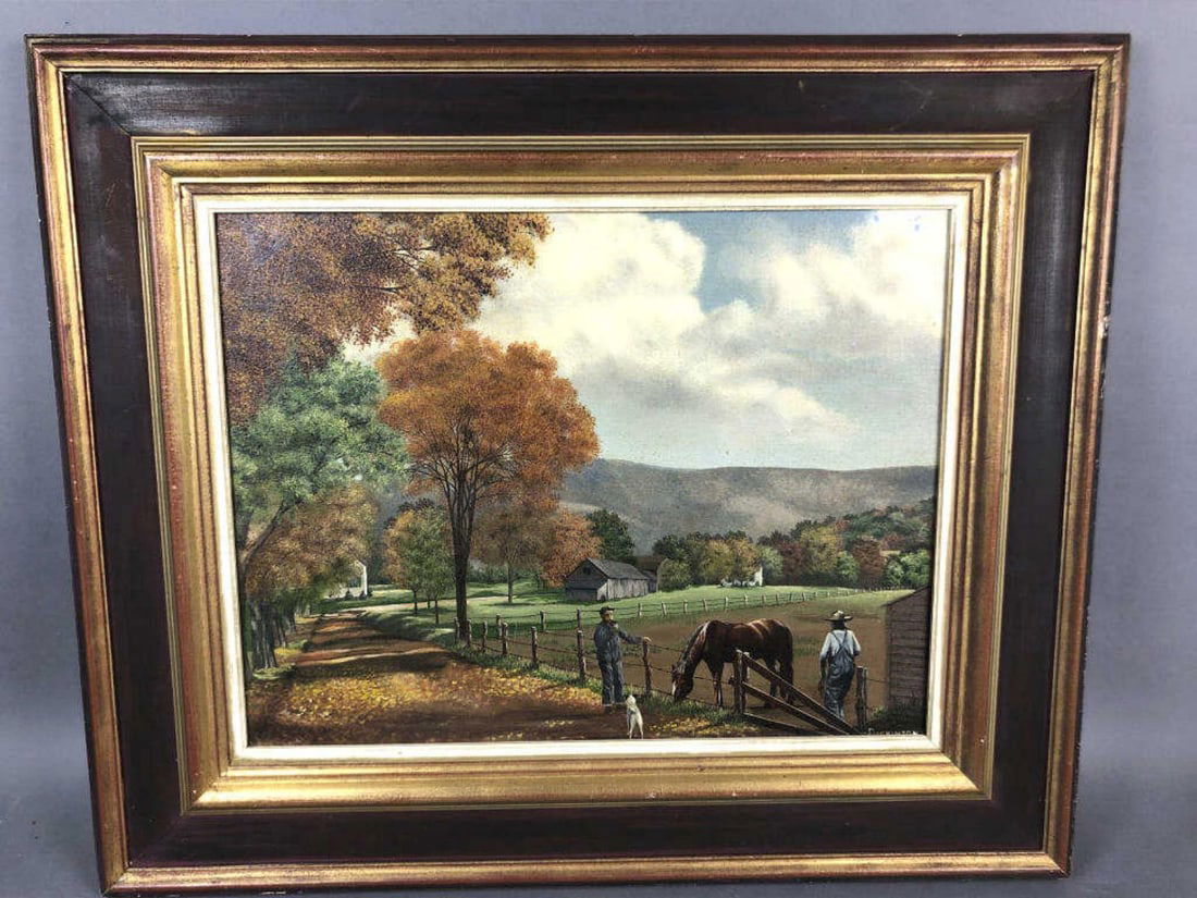 Dickinson Farm Scene: Dickinson Farm Scene. Oil on board, signed (lr). Sight: 16 1/2"h x 21"w Condition, Some scratches and scuffs to frame, some minor chipped paint.