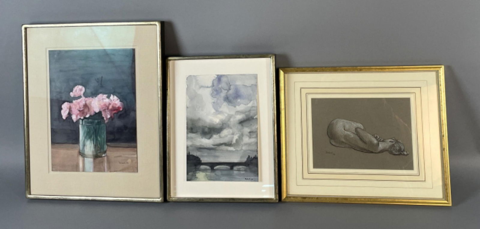 Dobell 2 Watercolors & 1 Charcoal: Dobell 2 Watercolors & 1 Charcoal. Comprising of: Watercolor of flowers, signed (lr). Watercolor of bridge, signed (lr). Charcol of nude woman, signed (ll) Largest overall: 17 1/2"h x 14 1/4"w