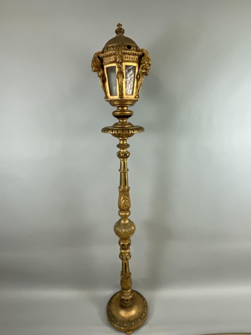 Neoclassical Style Giltwood Torchiere: Neoclassical Style Giltwood Torchiere. 80 1/2"h x 14"diam. Condition: Missing one piece of glass, door hinge loose, needs tightening.