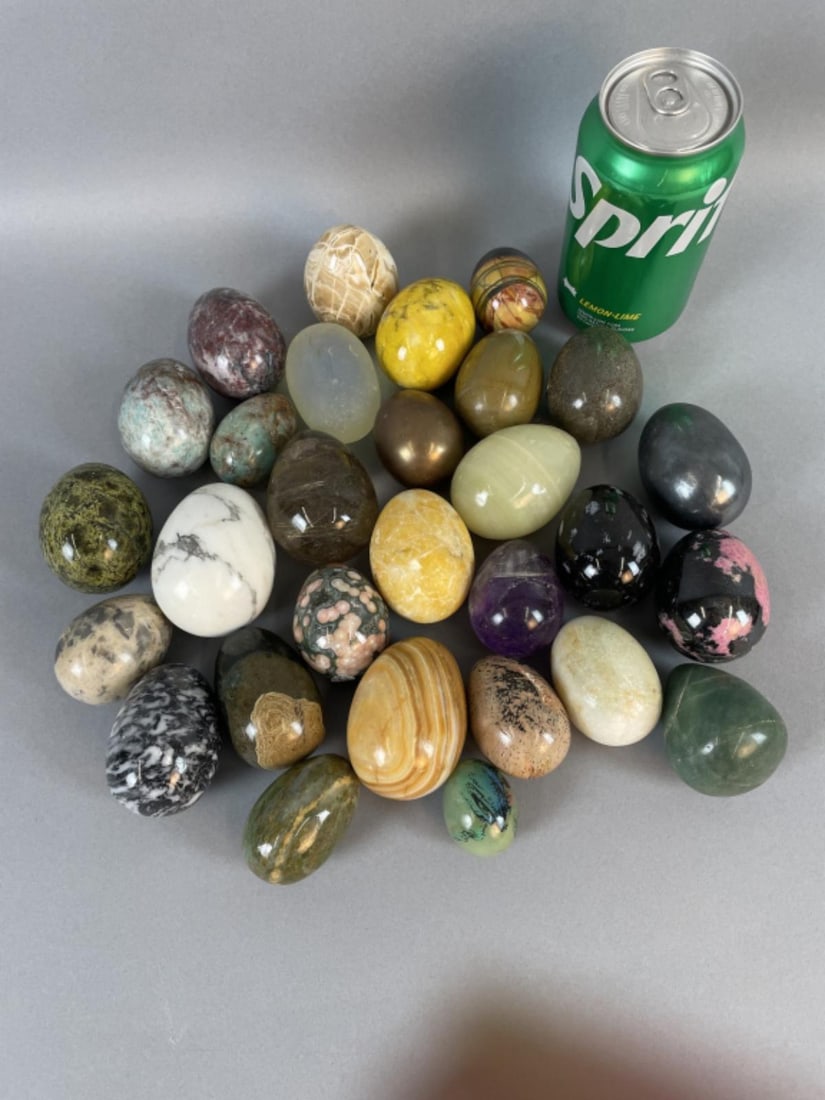 Grouping of Semi Precious Stone Eggs: Grouping of Semi Precious Stone Eggs. Largest: 3"h x 3"diam. Condition: Possible scratches.