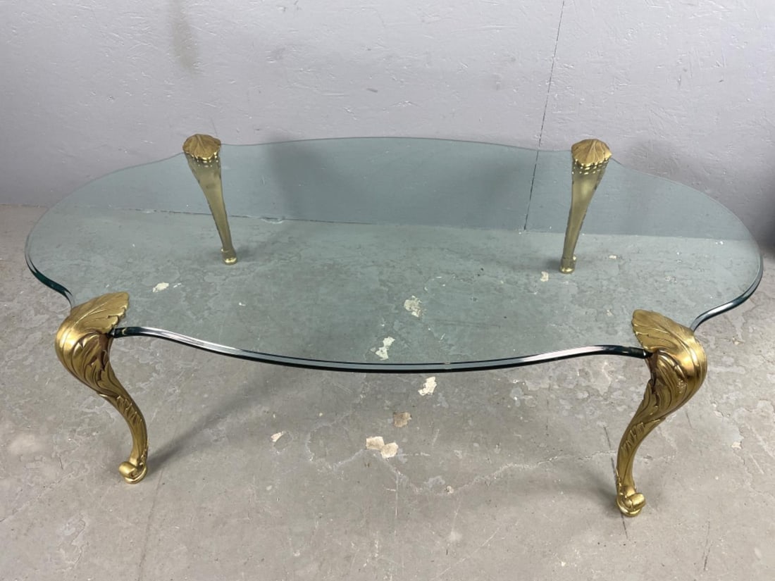P.E. Guerin Style Brass & Glass Low Table: P.E. Guerin Style Brass & Glass Low Table. 16"h x 55 3/4"w x 30"d Condition: Good.