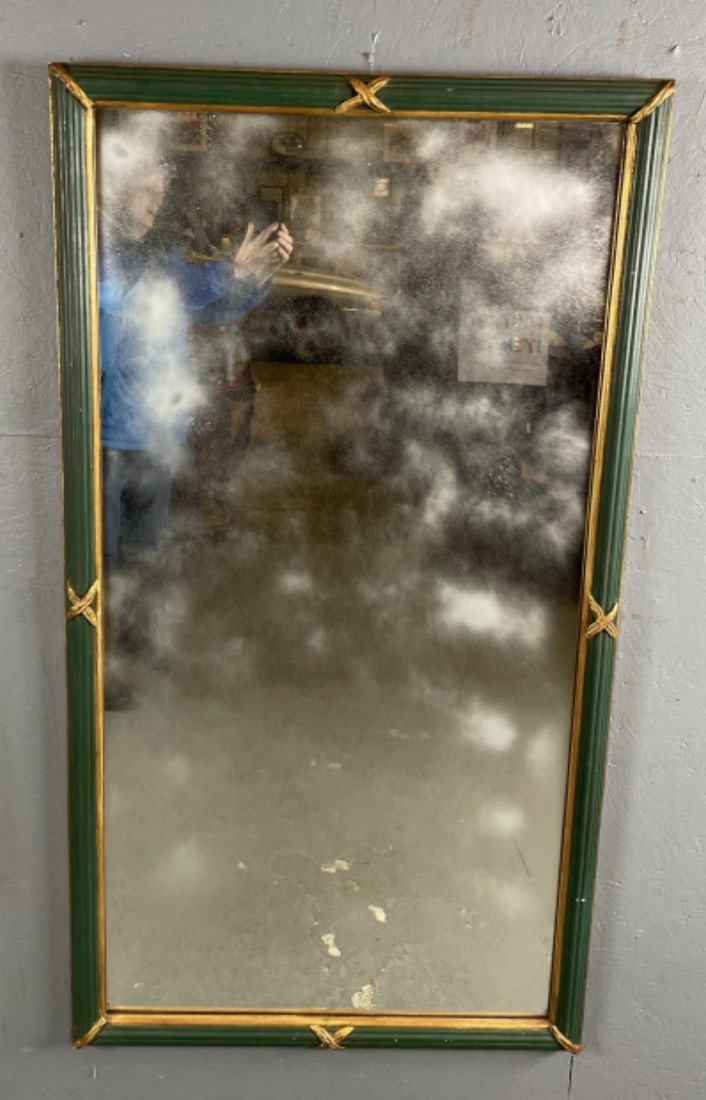 Large Green & Gold Gitlwood Mirror: Large Green & Gold Giltwood Mirror. 60"h x 33"w Condition: Some scratches & scuffs to frame.