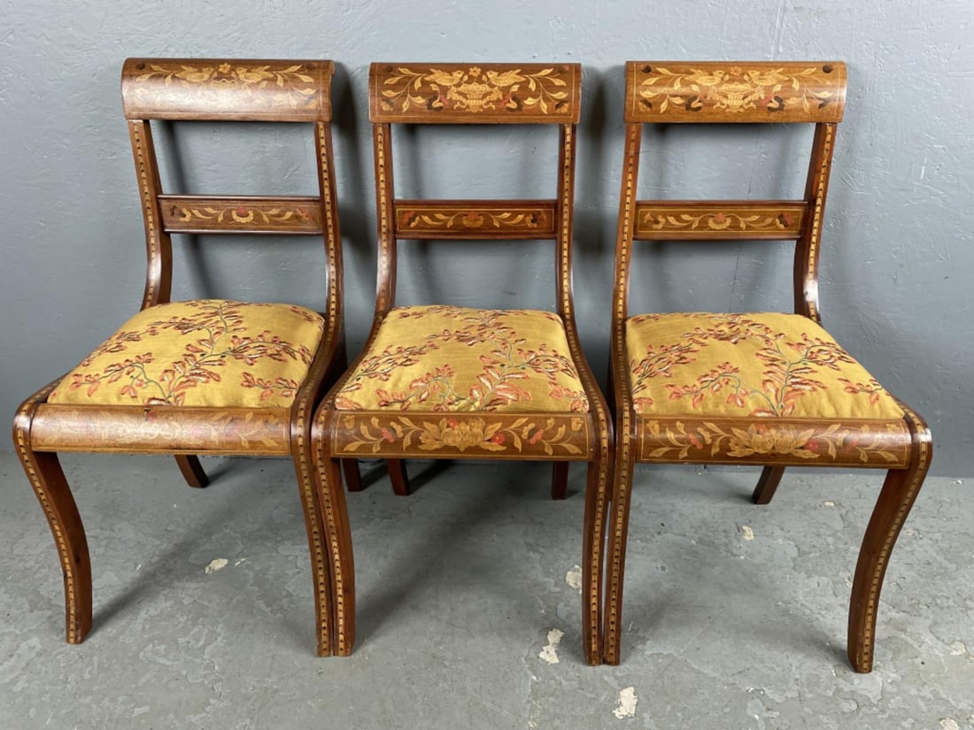 3 19th C. Dutch Marquetry Inlay Side Chair: 3 19th C. Dutch Marquetry Inlay Side Chair w/ Embroidered Cushions.. 34 3/4"h x 17 3/4"w x 22 1/2"d Condition: Some scratches, scuffs, old repair.