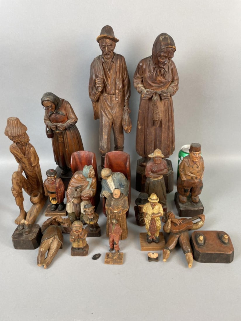 Group of Wood Carved Sculptures: Group of Wood Carved Sculptures. Largest: 17"h Condition: Some broken, missing, scratched, cracked wood.