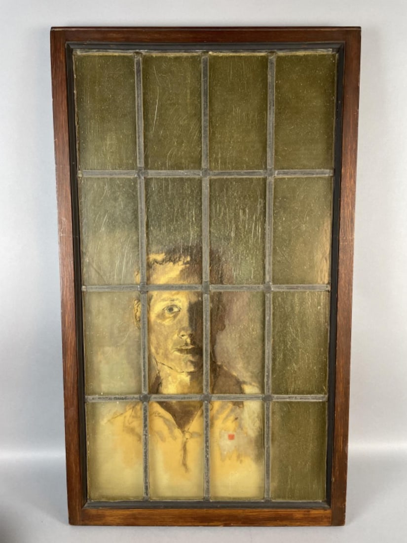Portrait of a Man Behind Lead Glass Window: Portrait of a Man Behind Lead Glass Window. By Bruce Gilcrest. Overall: 40"h x 23 1/4"w Condition: One broken pane, scratches, scuffs.