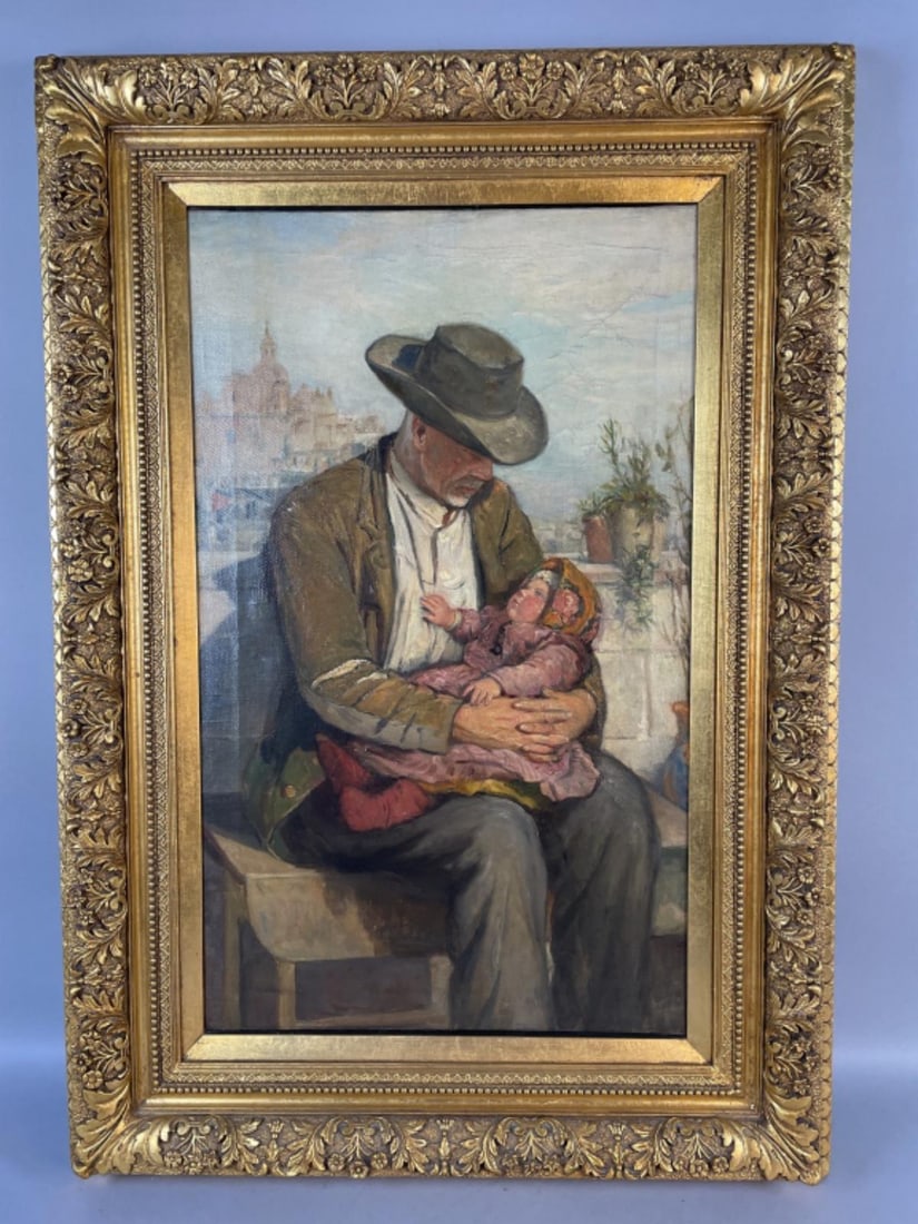 Portrait of Man w/ Girl in Ornate Frame: Portrait of Man w/ Girl in Ornate Frame. Oil on canvas, unsigned. Sight: 29 1/2"h x 17 1/2"w Condition: Some craquelure.