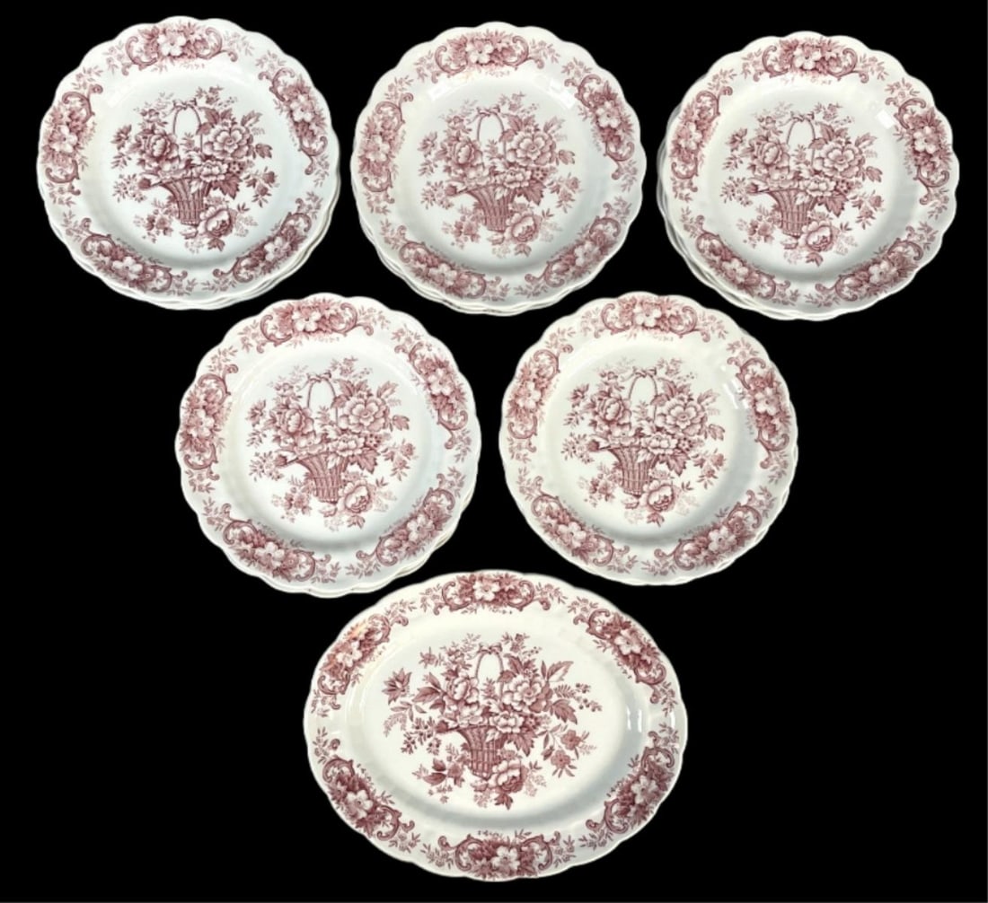 Ridgeway "Old English Bouquet" Dishes: Ridgeway "Old English Bouquet:" Dishes. 14 plates, 9 3/4"diam. 1 platter, 12"w x 9 1/2"d Condition: Some fading.