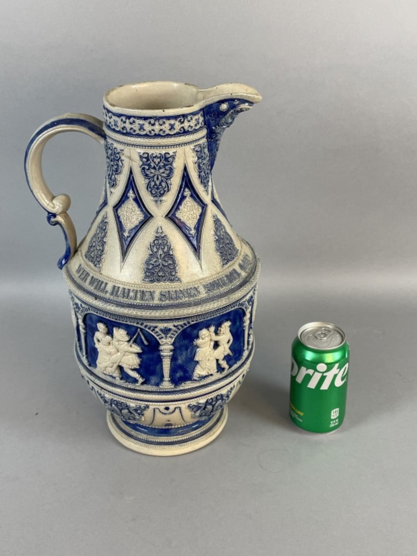 German Salt Glazed Pitcher: German Salt Glazed Pitcher. 15 3/4"h x 9"diam. Condition: Some firing cracks.