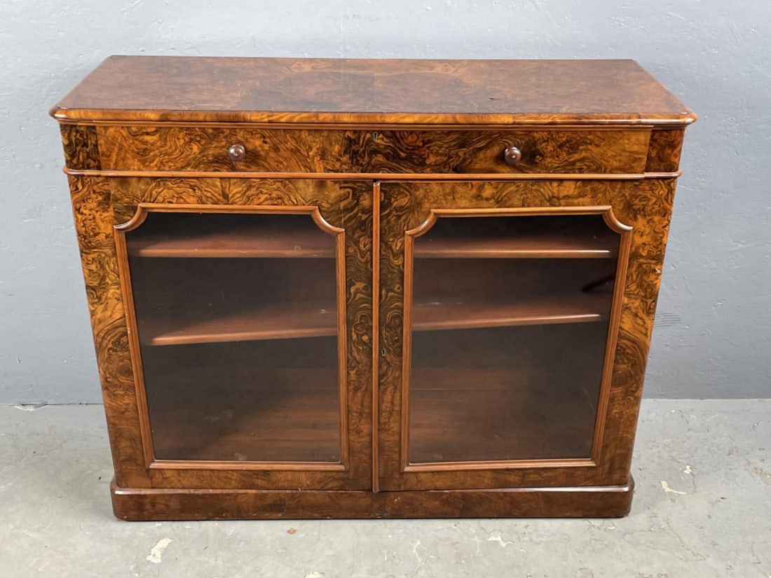 19th C. English Burlwood Side Cabinet: 19th C. English Burlwood Side Cabinet. 35 1/2"h x 44 1/4"w x 16 1/2"d Condition: Some scratches, scuffs, cracks to veneer.