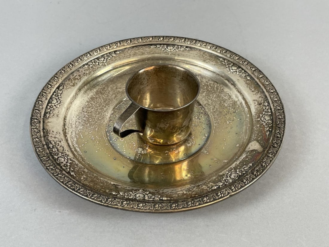 Sterling Silver Plate & Child's Cup: Sterling Silver Plate & Child's Cup. Approx. 7 1/2 troy oz. Plate: 9 3/4"diam. Condition: Engraved, dents, monogrammed, scratches.