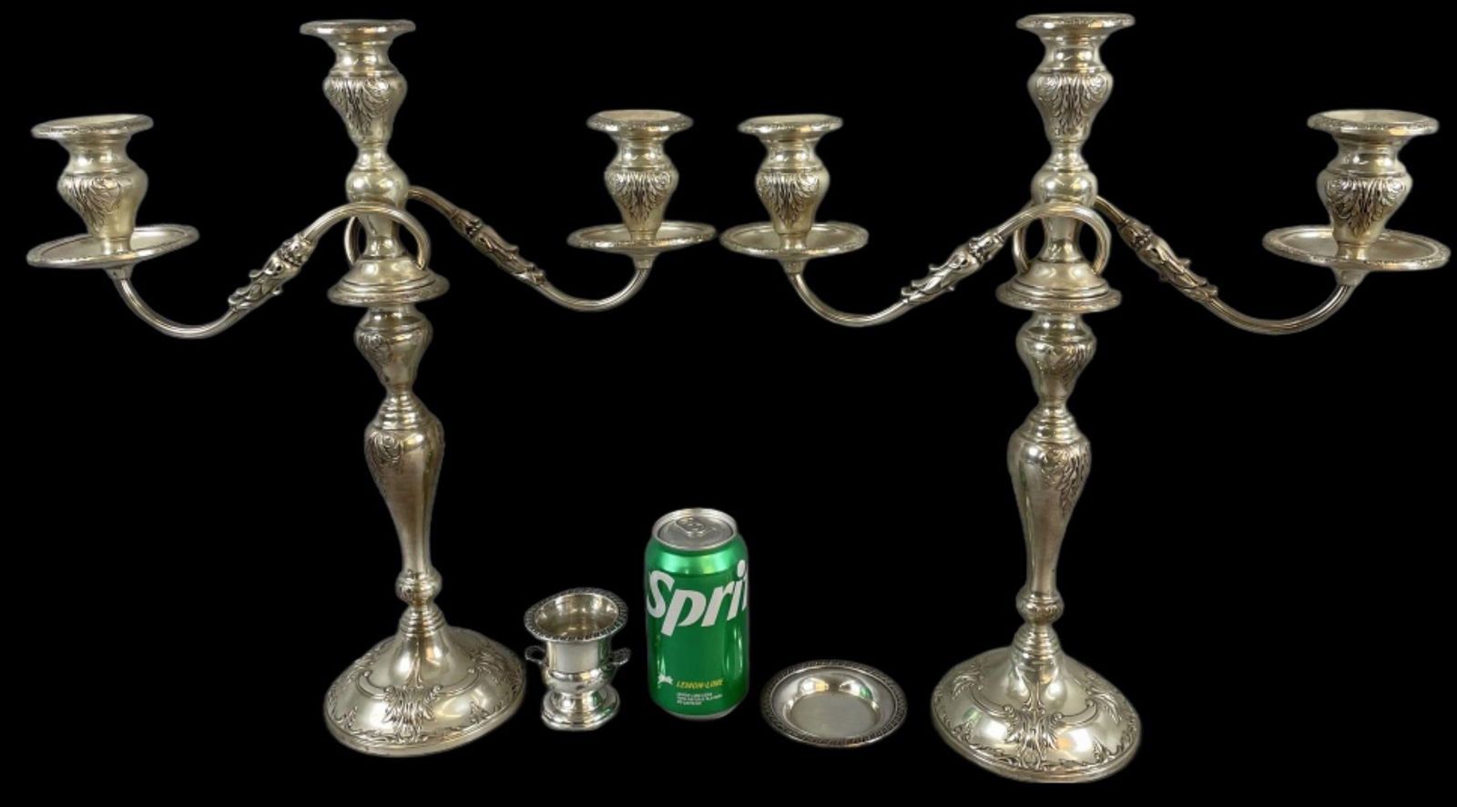 2 Sterling Silver Candelabras w/ 2 Others: 2 Sterling Silver Candelabras w/ 2 Others.. 1 "By Frank Whiting weighted & re-enforced" 1 by "L. Bamberger & Co. Re-Enforced" Approx. 126.49 troy ounces 2 Sterling pieces:1.89 troy ounces. 17"h x 15