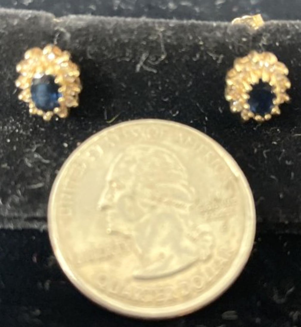 Pair of 14kt Gold Diamond & Sapphire Earrings: Pair of 14kt Gold Diamond & Sapphire Earrings. 1.6 dwt Condition: Good.