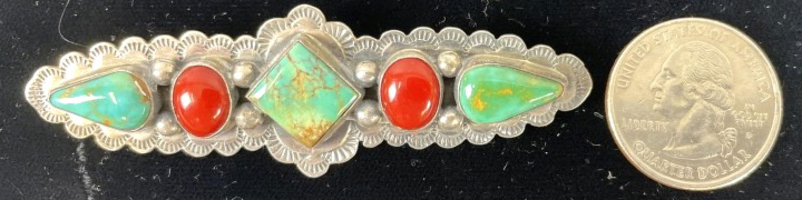 C. Aguilar Southwest Sterling Turquoise Coral Pin: C. Aguilar Southwest Sterling Turquoise Red Coral Pin Brooch. 11.1 dwt Condition: Needs cleaning.