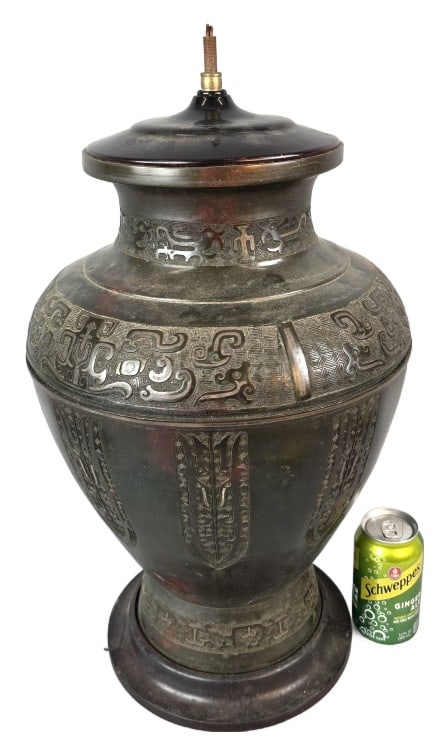 Chinese Style Bronze Vase Lamp Base: Chinese Style Bronze Vase Lamp Base. 22"h x 13"w Condition: Untested, scratches, scuffs, chip to enamel on top (pictured), cracked bronze.