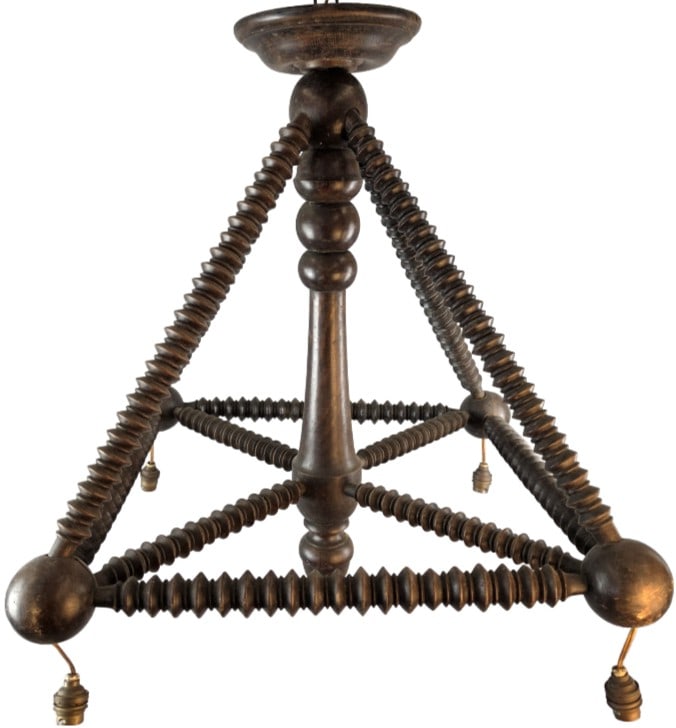 French Brutalist Turned Wood Chandelier: French Brutalist Turned Wood Chandelier. 25"h x 22 1/4"sqr. Condition: Untested, some cracked wood.