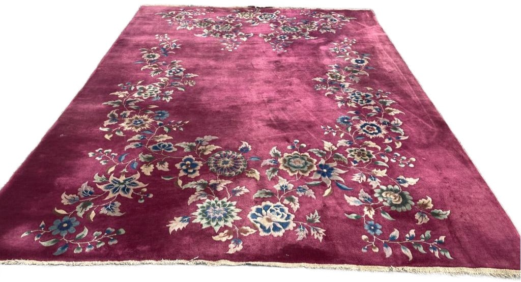 Chinese Floral Design Rug: Chinese Floral Design Rug. 11' 9" x 8' 9" Condition: Loss of fringe, stains, needs cleaning.