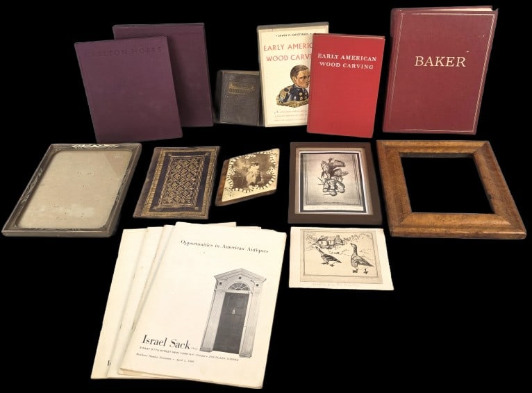 Ephemera & Book Lot: Ephemera & Book Lot. Comprising of: First edition "Early American Wood Carving" Carlton Hobbs catalog 7 "Opportunities in American Antiques" by Israel Sacks 2 etching Page Ely (cousin of J. Alden