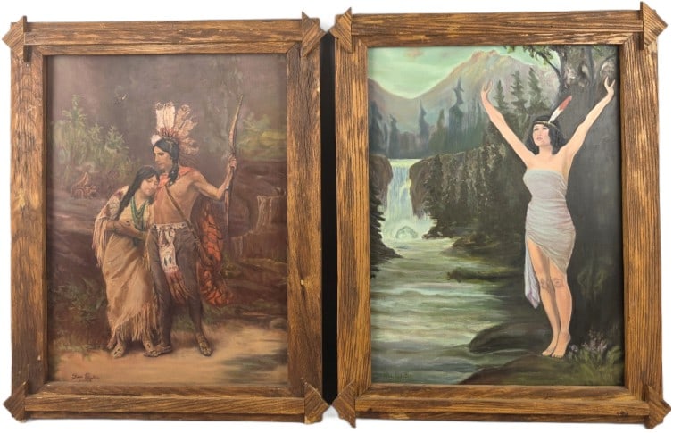 Rose Prestia "Hiawatha's Wedding" w/ Other: Rose Prestia "Hiawatha's Wedding" w/ Other. Rose Prestia Indian Maiden. Oil on board, signed (ll). Sight: 23 1/4"h x 17"w Condition: Scratches, chips to frame.
