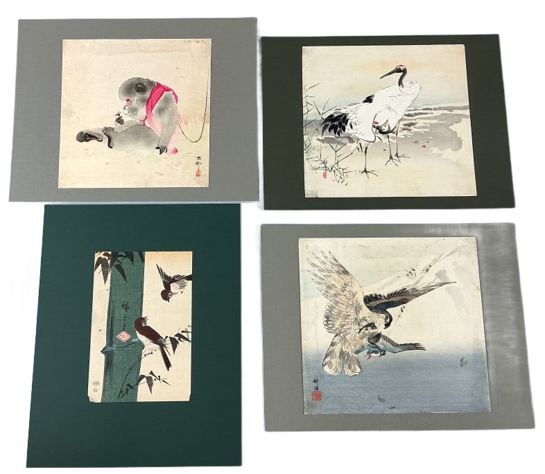 4 Woodblock Prints of Birds & Monkey (1 of 5)