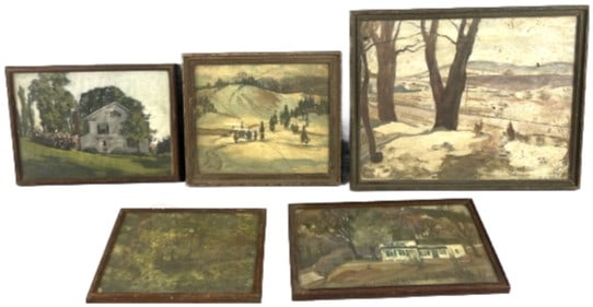 Group of 5 Coman Oil Paintings: Group of 5 oil on board paintings by Coman. 4 signed at lower right. Local artist from Pawling, New York. Largest overall: 12"h x 15"w Condition: Broken glass, punctures, scratches, needs cleaning.