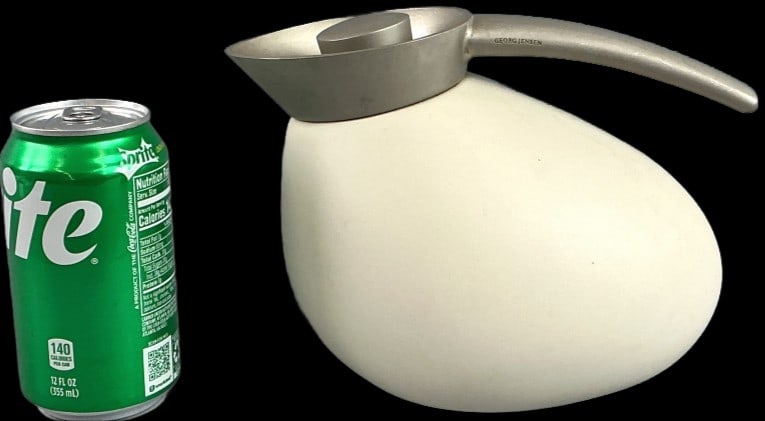 Georg Jensen Quack Thermos Jug: Georg Jensen Quack Thermos Jug. Designed by Maria Bernsten. Made in Denmark. Measures approx. 8.5"w x 5.75"d x 6"h Condition: Some scratches and patina.