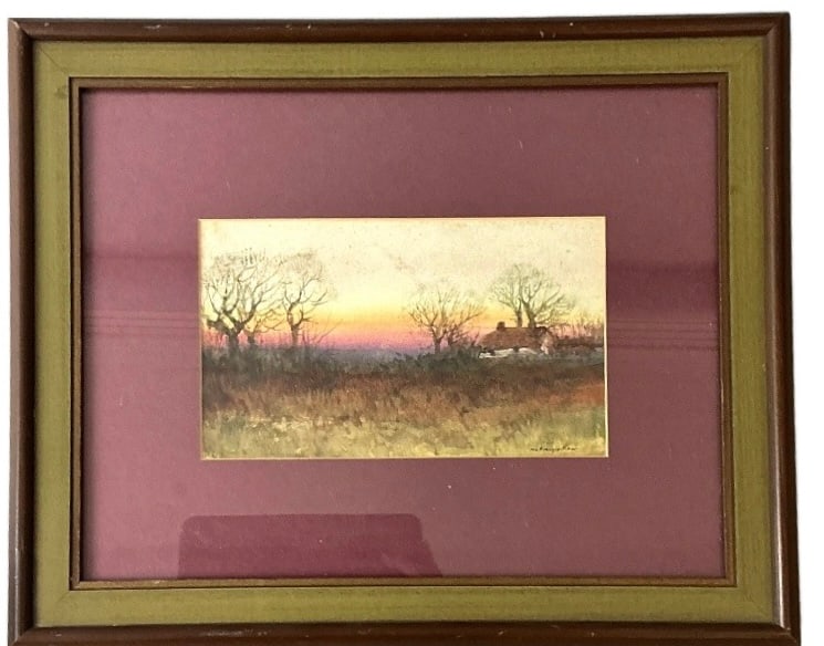 Signed Pastoral Landscape Watercolor Painting: Signed pastoral landscape watercolor painting. Signed lower right, illegible, possibly McKenzie. Overall measurement 13.5"h x 16.5?w. Condition: Some foxing.
