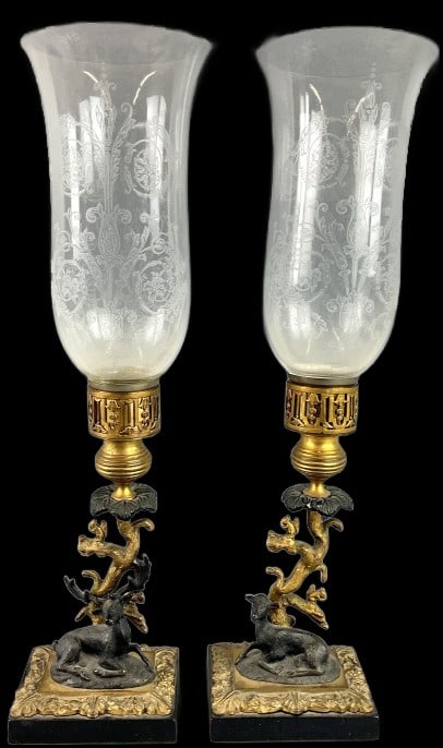 Gilt Bronze Deer Candlesticks, Baccarat Hurricanes (1 of 8)