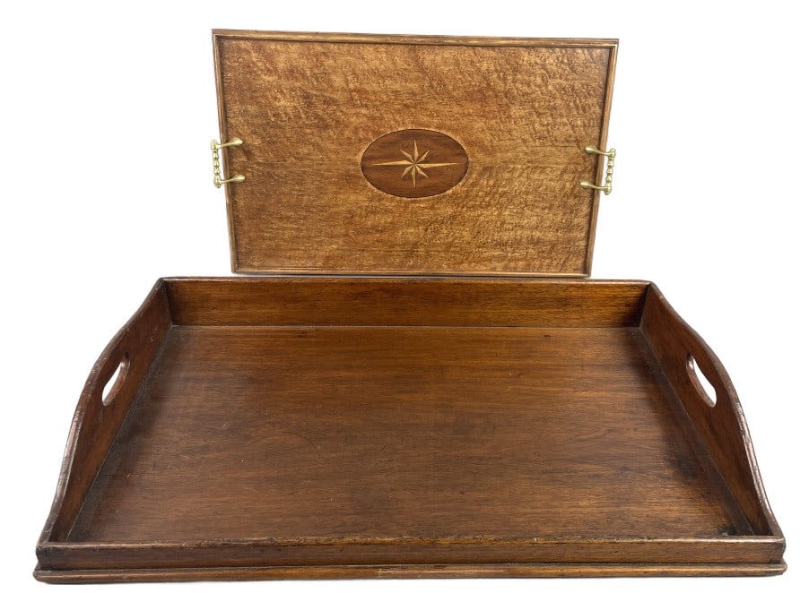 2 Mahogany Butler’s Tray & Burl Maple Tray: Lot of 2 mahogany butler’s tray and burl maple tray with marquetry inlay center. Larger tray measures 4.5 "h x 29.5"w x 17.25"d. Condition: Overall wear, some scratches and scuffs, cracks.
