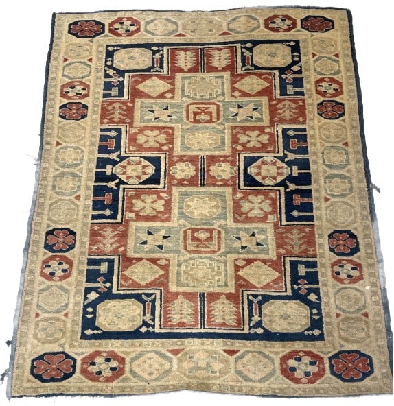 Kazak Style Geometric Wool Rug: Kazak style geometric wool rug. Measures: 4' 11" l x 4'w. Condition: Loss of fringe, wear to edge binding, minor stains, needs cleaning.