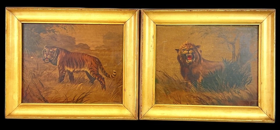 2 Alfonso Toran (American, b. 1896) Oil Paintings: 2 Alfonso T Toran (American, 1896-1965) oil on masonite paintings. Signed lower right and lower left. Nature scenes, Lion and Tiger. Sight measures 7.5"h x 9.5"w each. Condition: Some rubbing and nick