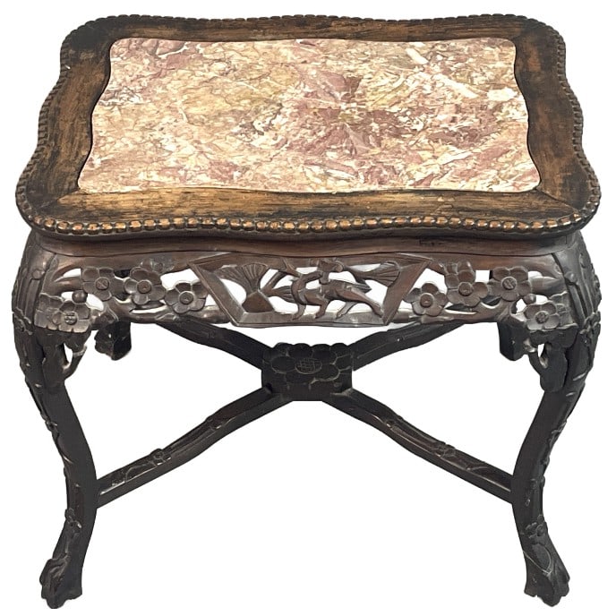Carved Chinese Hardwood & Marble Top Side Table (1 of 3)
