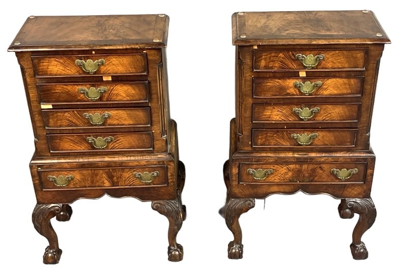 Pair of Georgain Style Walnut Diminutive Chests: Pair of Georgain Style Walnut Diminutive Chests. 28 1/2"h x 17 1/2"w x 10"d Condition: Loss of veneer, scratches, scuffs.