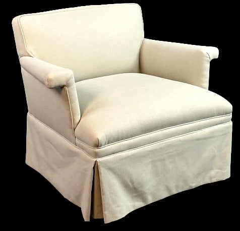 White Upholstered Club Chair: White upholstered club chair. New upholstery. Measures 27.25"h x 32?w x 27?d. Condition: Good.