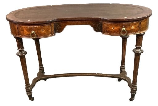Louis XVI Style Walnut Kidney Writing Desk: Louis XVI style walnut kidney shaped writing desk. Measures 28.75"h x 42.25"w x 22.5?d. Condition: Some scratches and scuffs, some missing molding, overall wear.