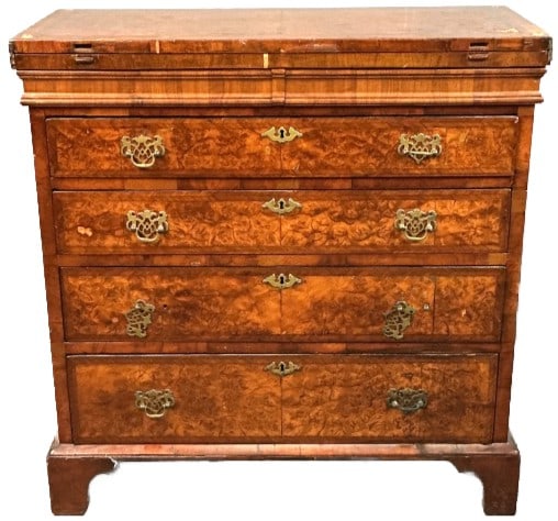 Antique Georgian Style Walnut Bachelor?s Chest: Antique Georgian style burl walnut bachelor?s chest. Measures 30.25"h x 29.75" w x 13.5"d. Condition: Some loss of veneer, worn finish, 2 handles need replacement, overall wear.